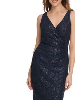 Lauren Ralph Lauren Navy Sequin Cocktail Dress 14 V Neck Formal